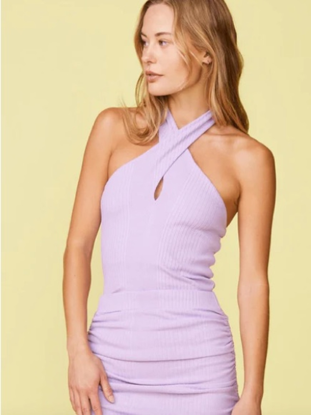 Monrow Lilac Ribbed Cross-Neck Halter Top - Picture 1 of 6